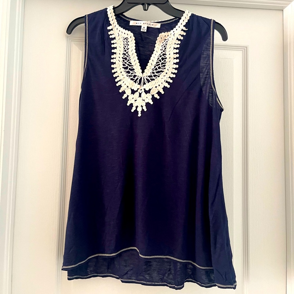 Elegant Navy Sleeveless Top with Lace Detail